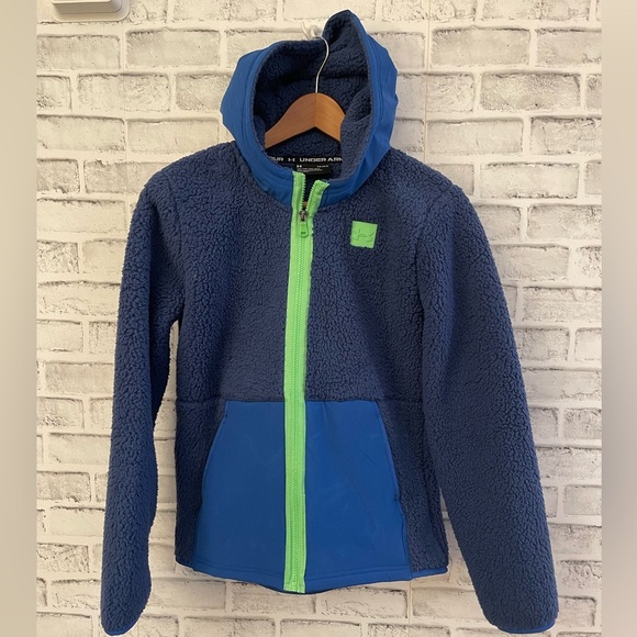 Youth sized boy’s Under Armour blue full zip hoodie fluffy Sherpa jacket coat Lg - Picture 2 of 5